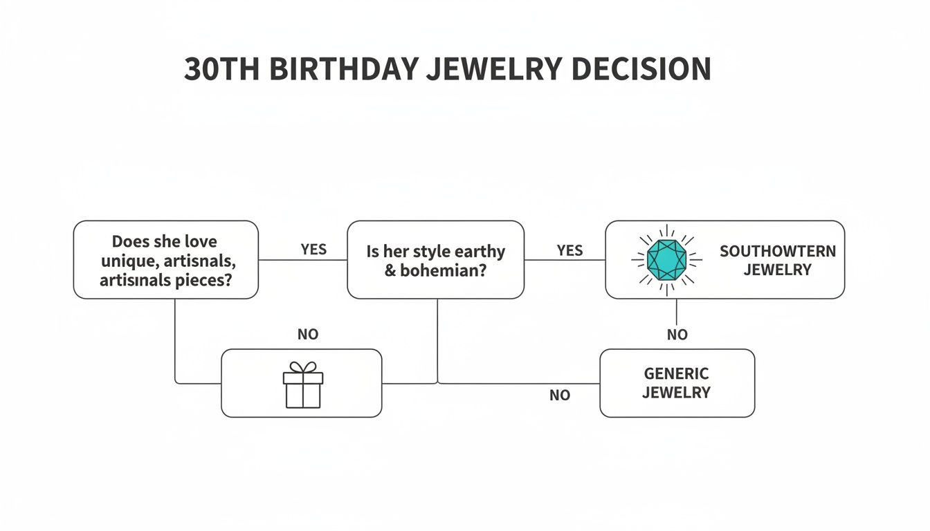 Flowchart for a 30th birthday jewelry decision, guiding choices based on unique, earthy, and bohemian styles.