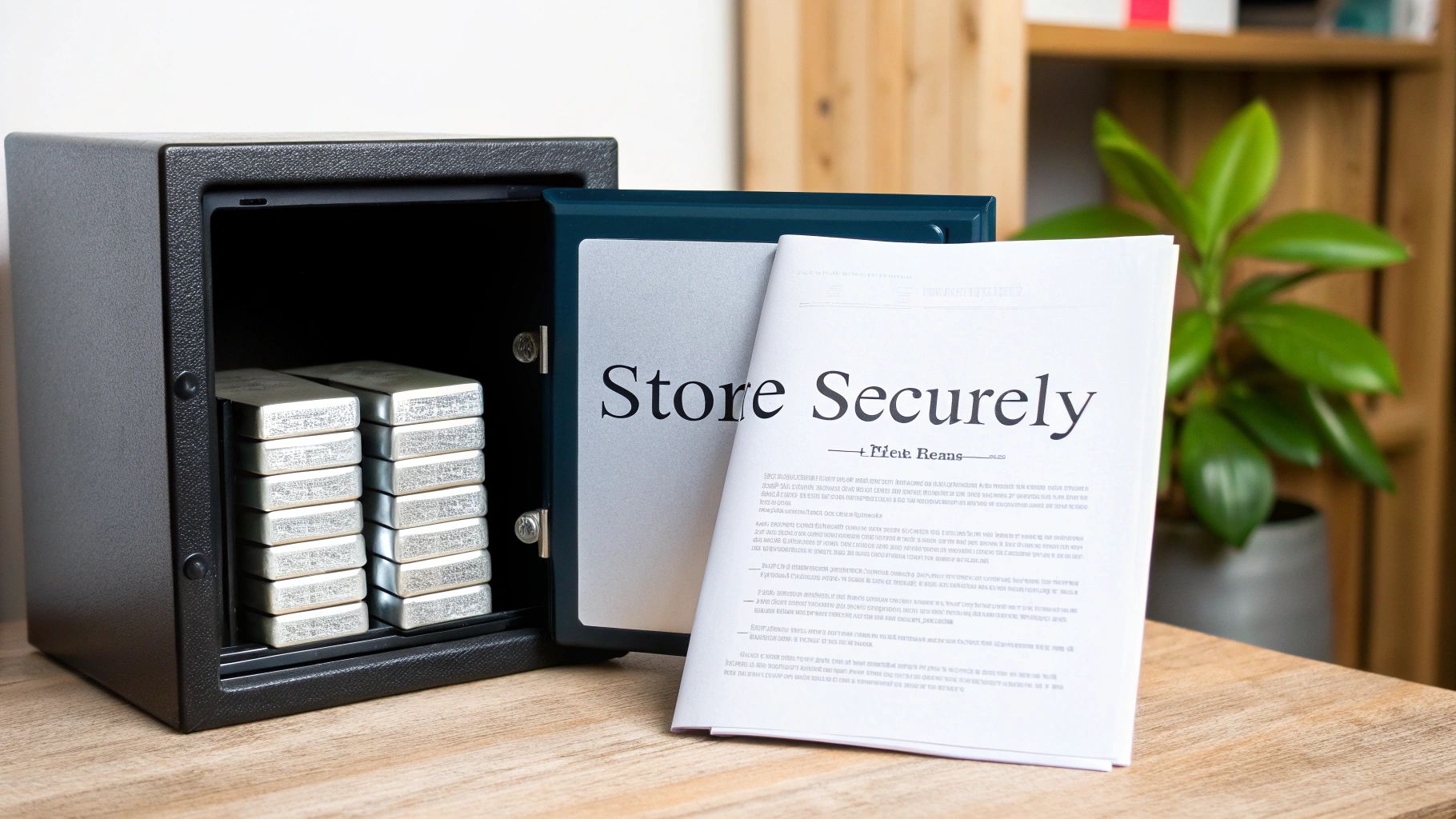 Open home safe containing stacked silver bars with documents displaying store securely text on wooden desk