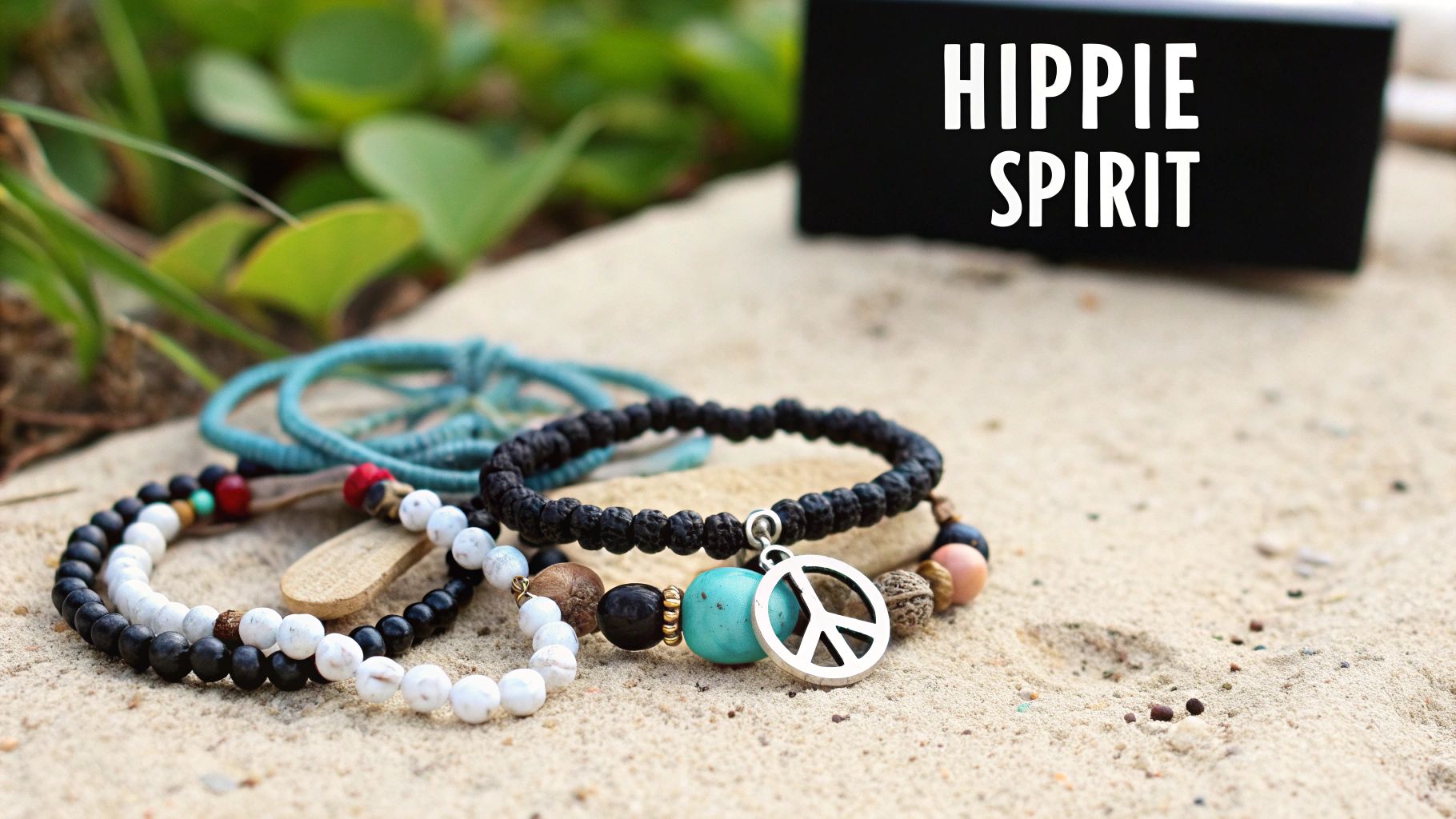 Bohemian beaded bracelets, one with a peace sign charm, rest on sand near a 'HIPPIE SPIRIT' sign.