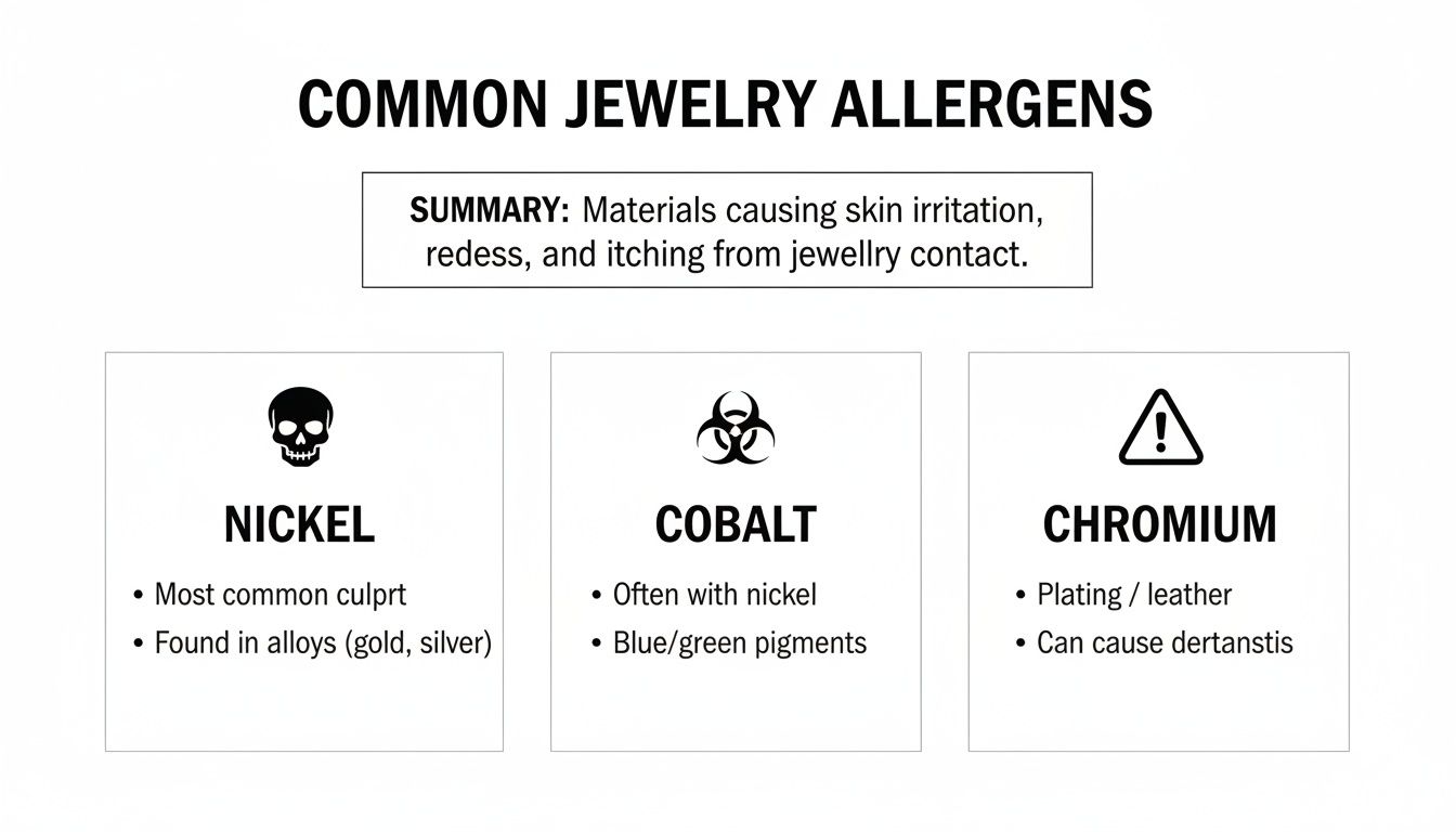 Infographic illustrating common jewelry allergens: Nickel, Cobalt, and Chromium, causing skin irritation.