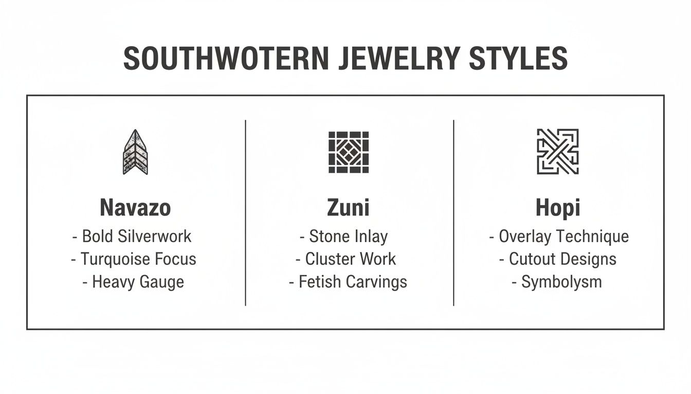 A graphic illustrating three Southwestern jewelry styles: Navajo, Zuni, and Hopi, detailing their unique characteristics.