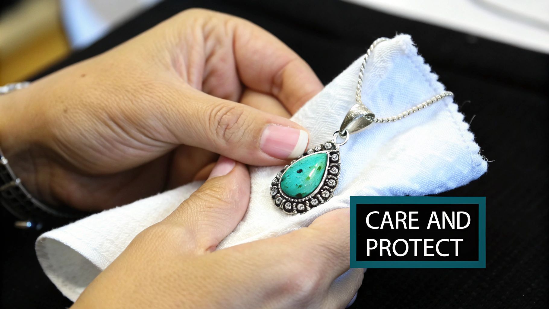 Hands gently clean a silver necklace featuring a striking turquoise teardrop pendant on a white cloth.