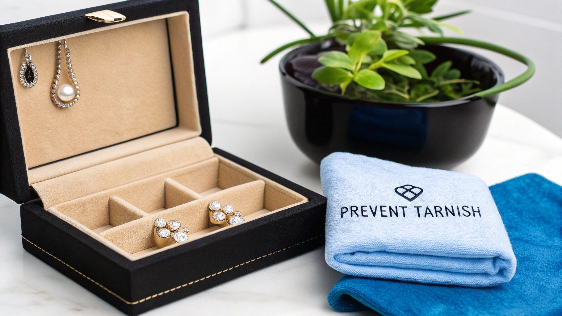 An open black jewelry box with pearl necklace and diamond earrings, next to a 'Prevent Tarnish' cloth.