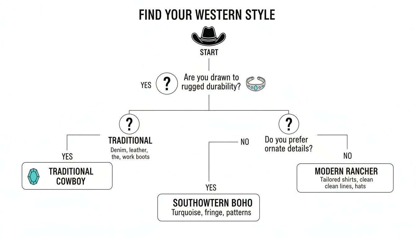 A flowchart titled 'Find Your Western Style' guides users through different style preferences.