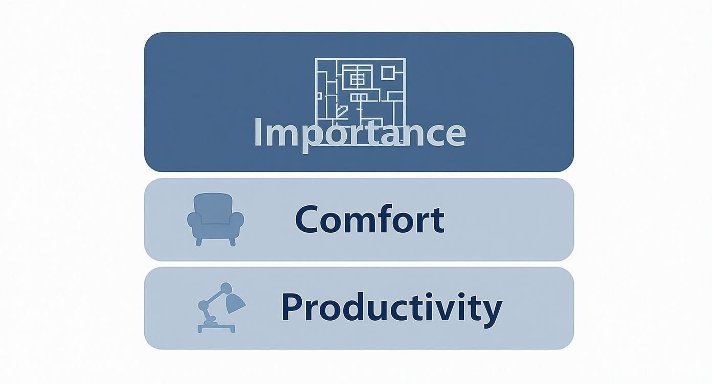 Three stacked blocks illustrating interior design priorities: importance, comfort, and productivity.