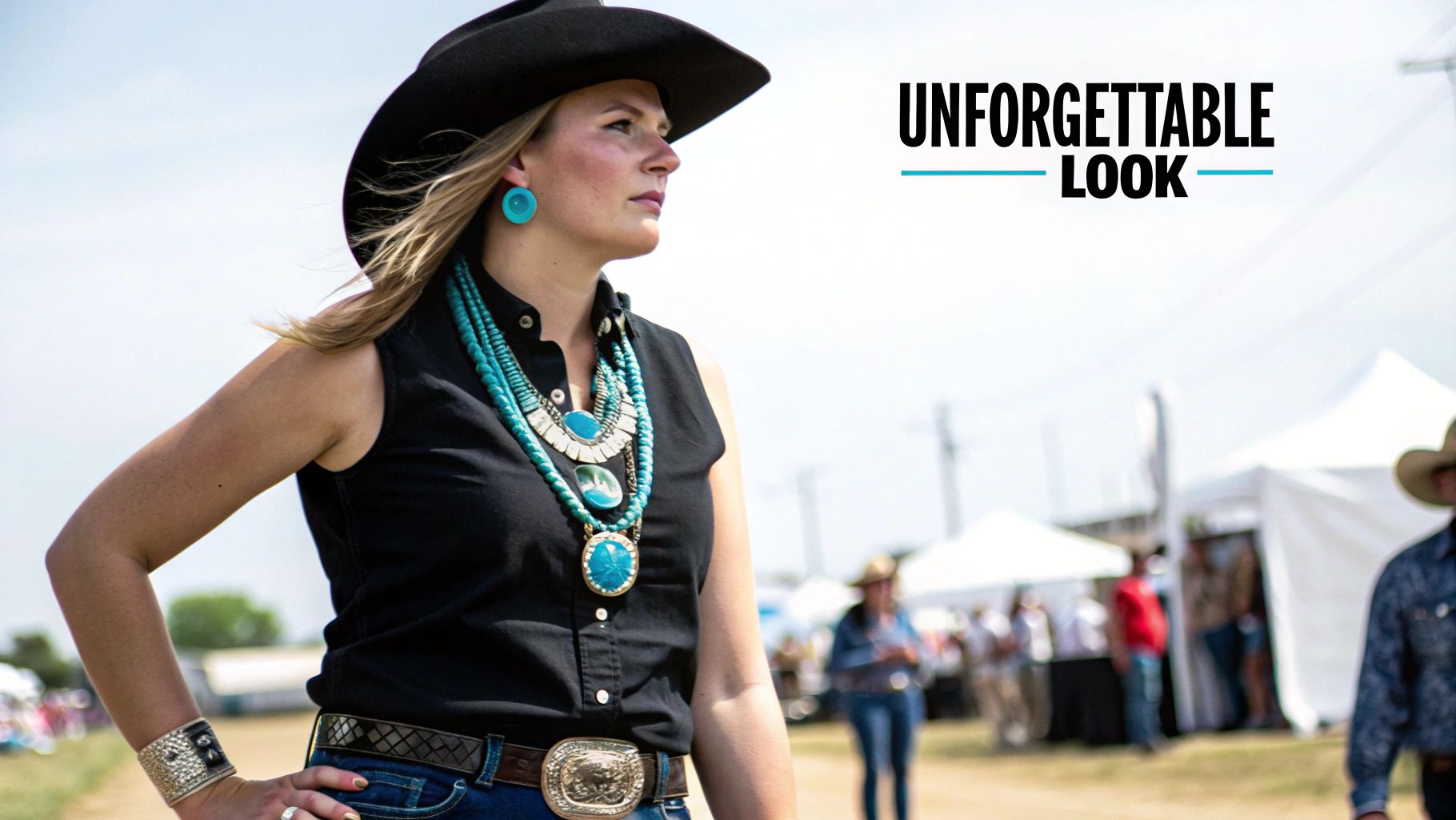 Stylish woman in a black cowboy hat and striking turquoise jewelry at an outdoor event.