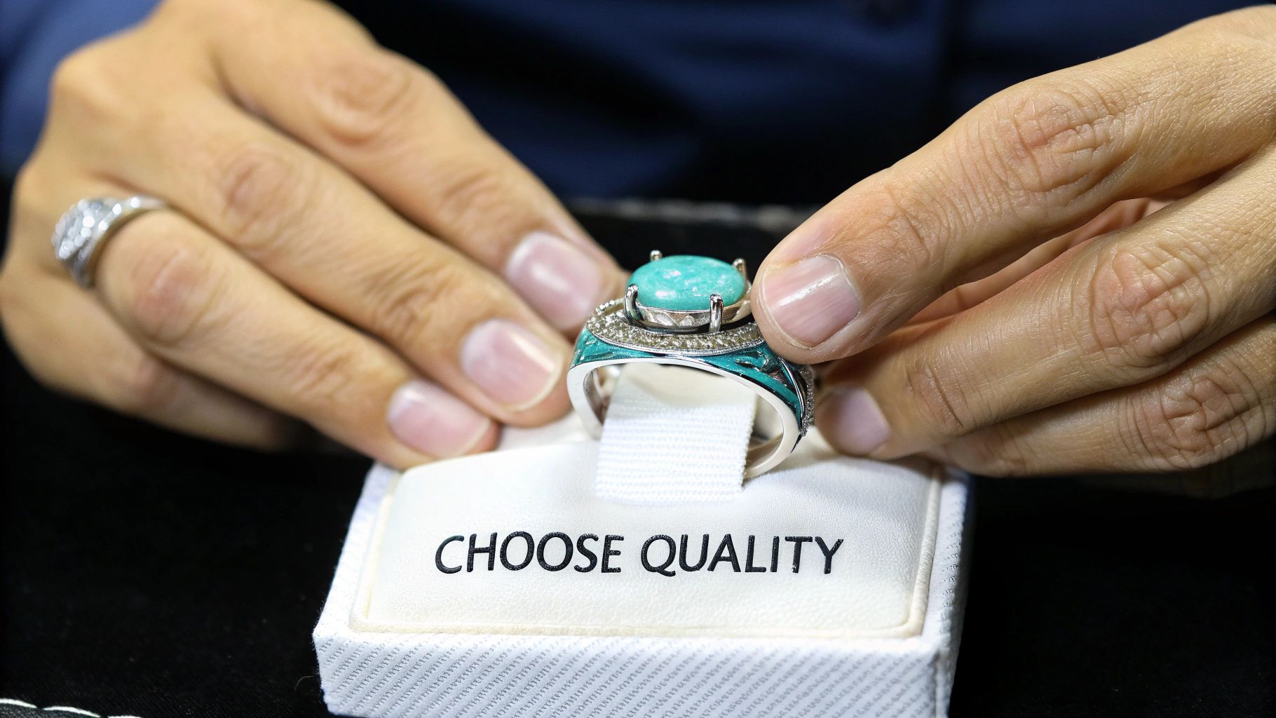 Hands holding an elegant turquoise gemstone ring in a white display box with 'CHOOSE QUALITY' text.