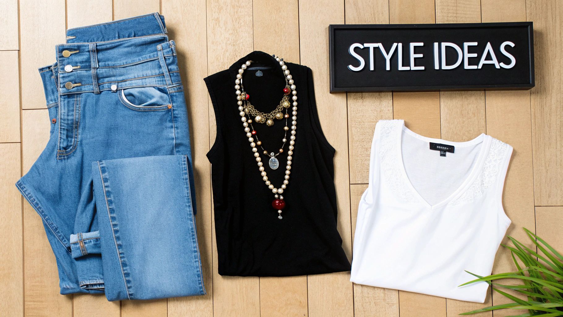 Fashion flat lay: blue jeans, a black top with layered beaded necklaces, and a white lace V-neck top.