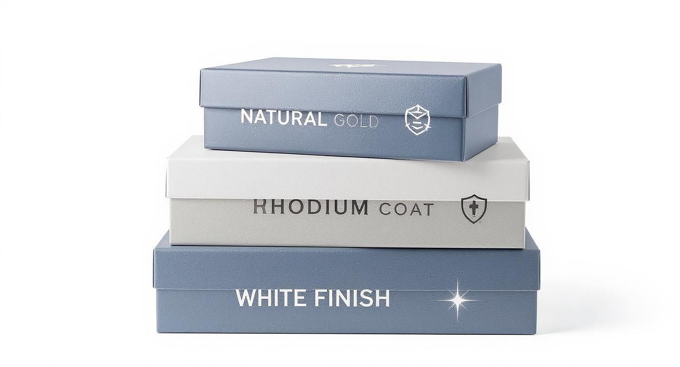 Three stacked jewelry boxes labeled Natural Gold, Rhodium Coat, and White Finish showing gold finishing options
