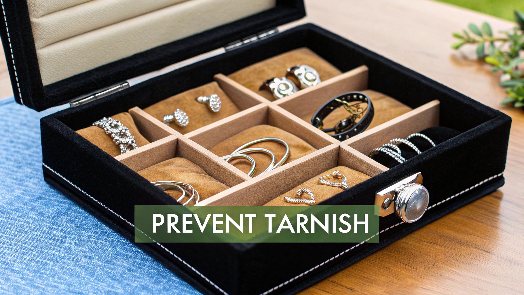 An open black velvet jewelry box showcasing various silver and gold jewelry pieces, including rings, bracelets, and earrings.