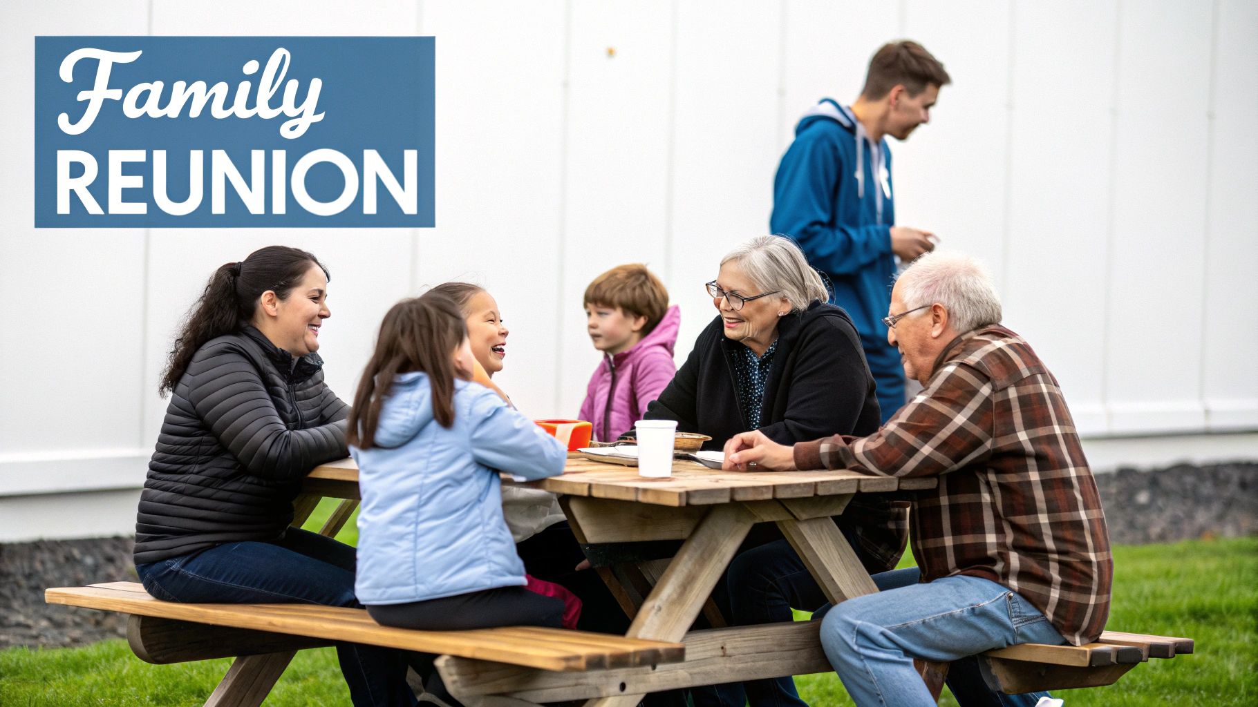 Multi-generational family gathering outdoors at picnic tables enjoying reunion celebration together