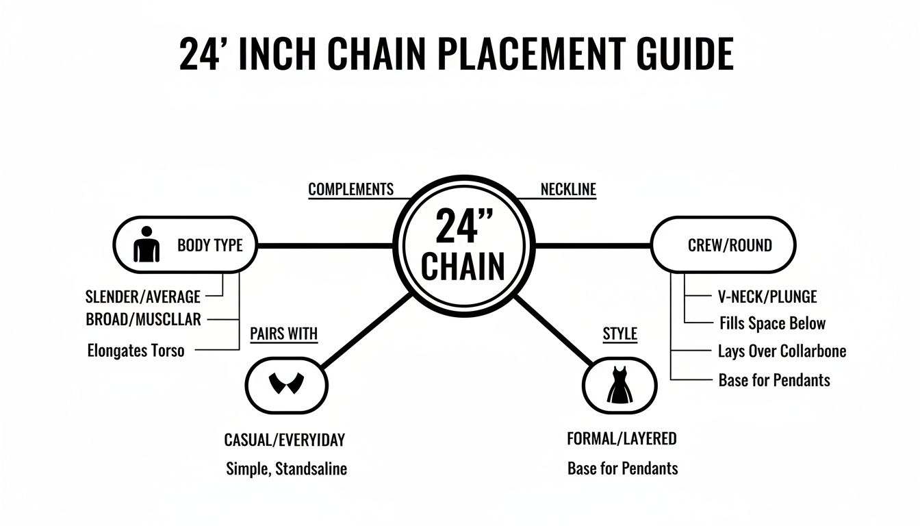 A detailed infographic guide showing how a 24-inch chain complements various body types, necklines, and styles.