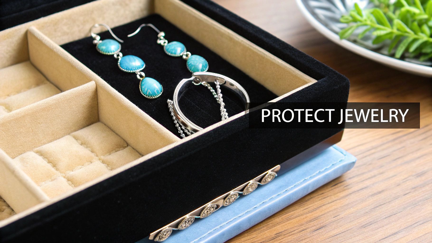An open black velvet jewelry box with light beige compartments, storing turquoise drop earrings and a silver bracelet.