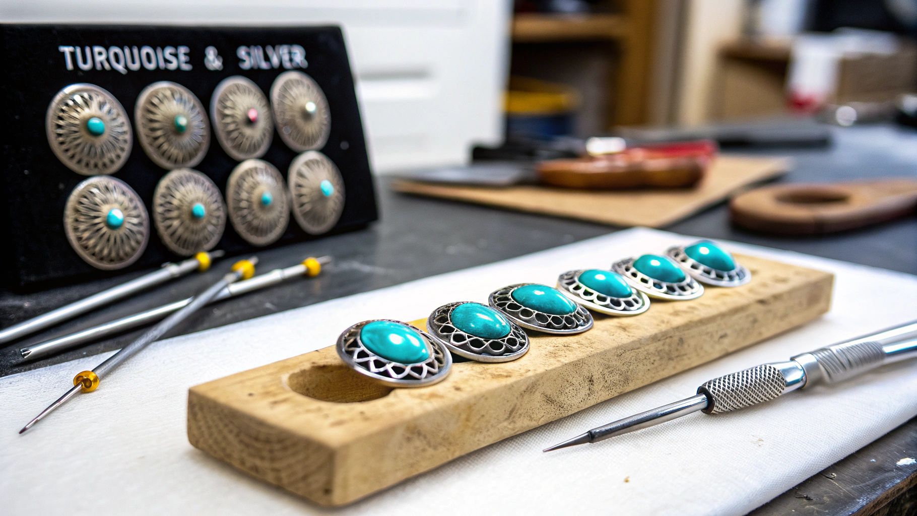 Close-up of turquoise and silver conchos on a workbench with crafting tools.