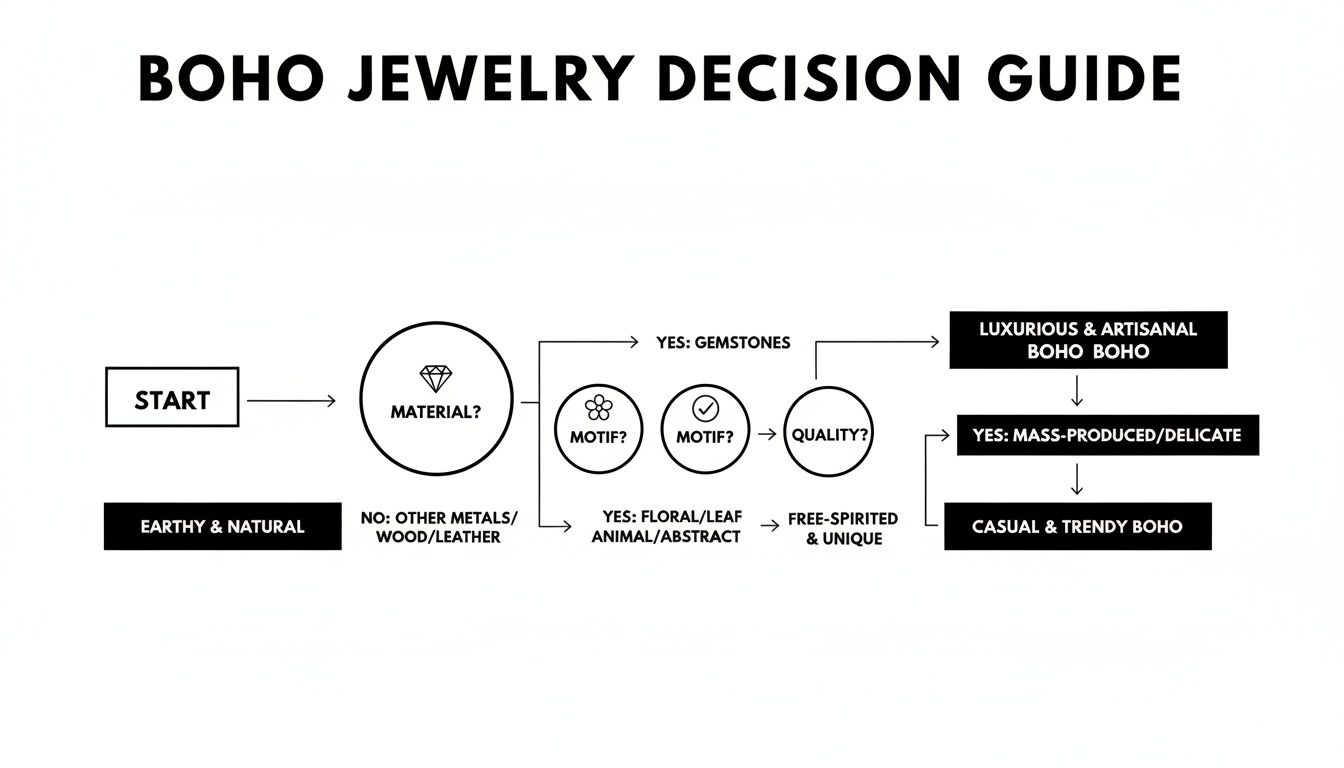Flowchart guiding users through different boho jewelry styles based on material, motif, and quality.