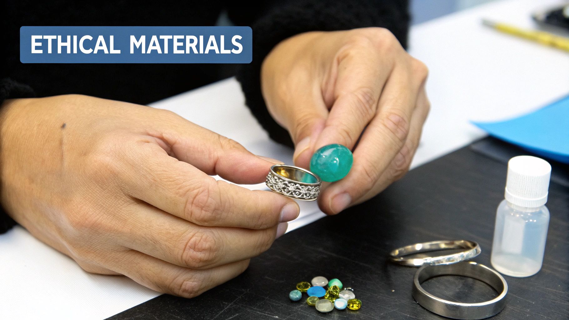 Hands inspect a silver ring and a green gem, with other ethical jewelry materials on a table.