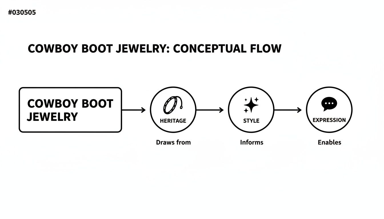 A conceptual flow diagram illustrates how cowboy boot jewelry draws from heritage, informs style, and enables expression.