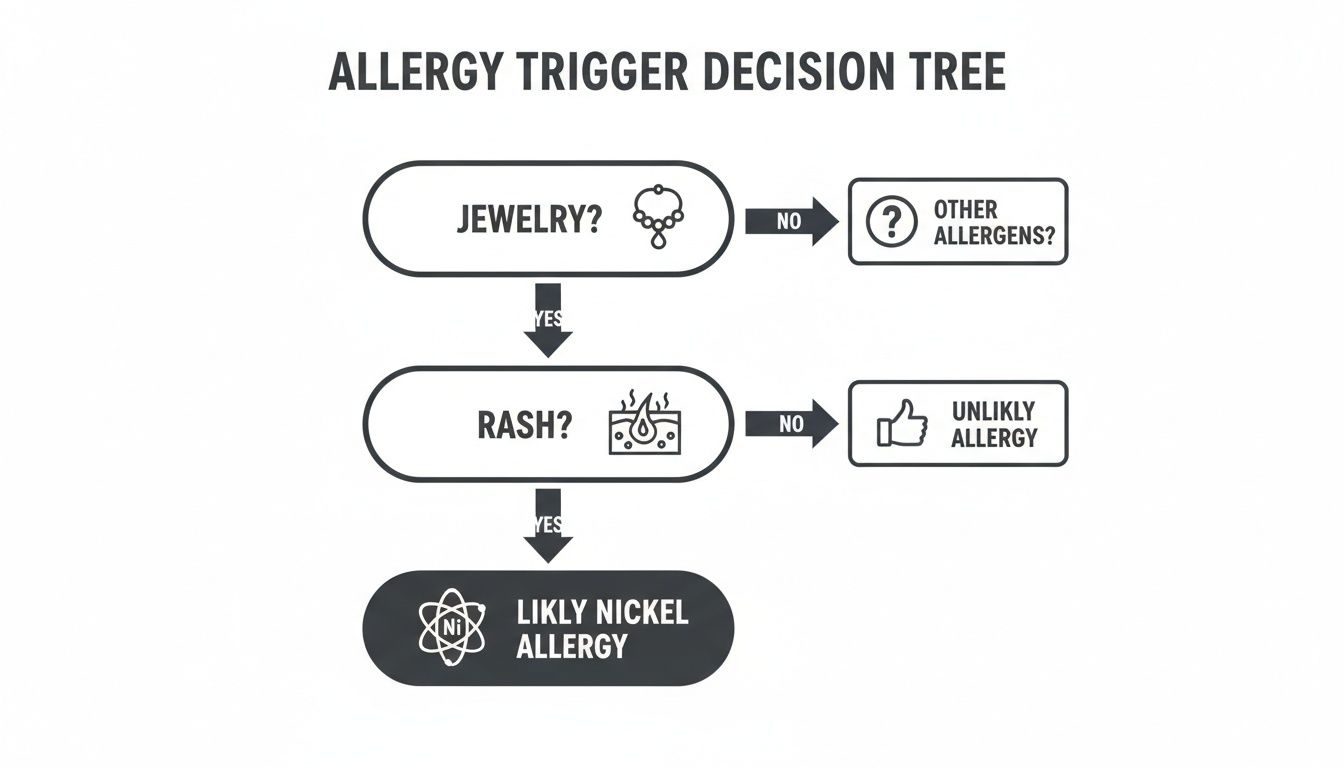 A decision tree flowchart for identifying a likely nickel allergy based on jewelry contact and rash presence.