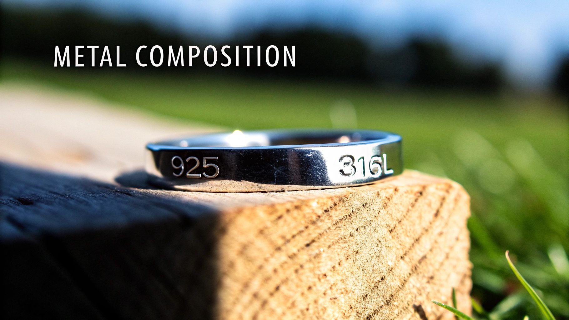 Close-up of a metal ring engraved with '925' and '316L' resting on wood.