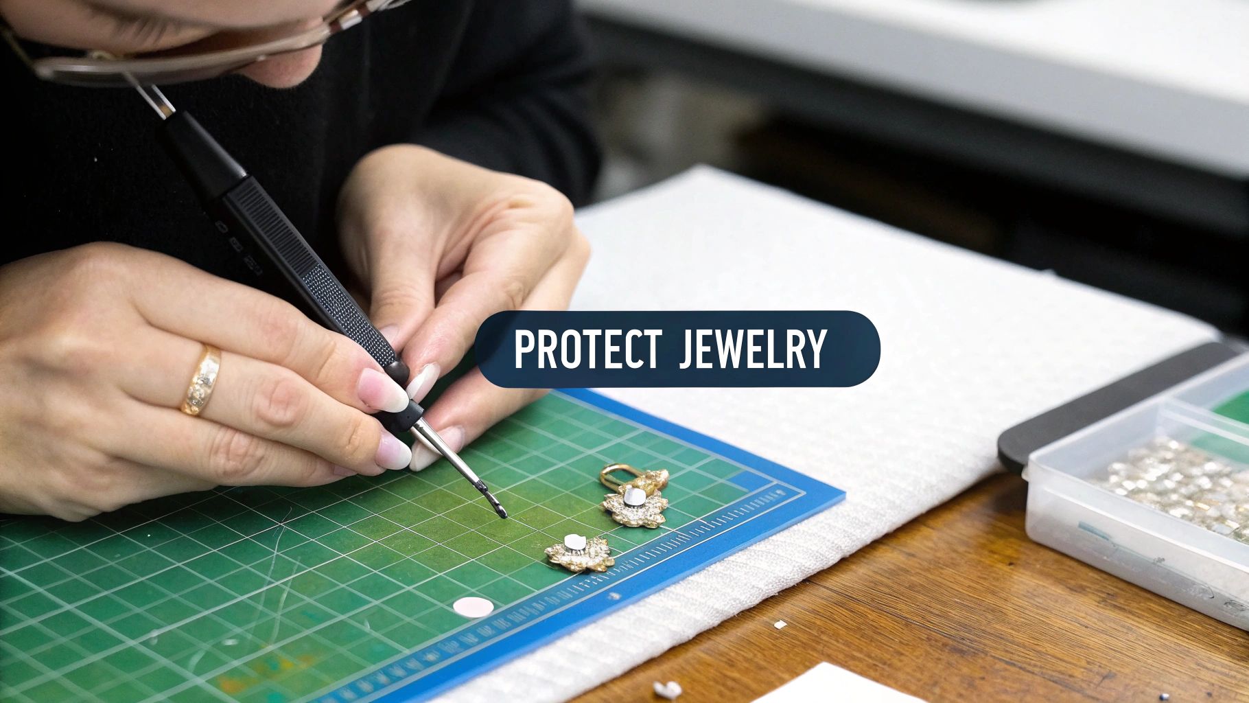 Close-up of a person's hands meticulously working on jewelry pieces with a specialized tool on a green cutting mat.