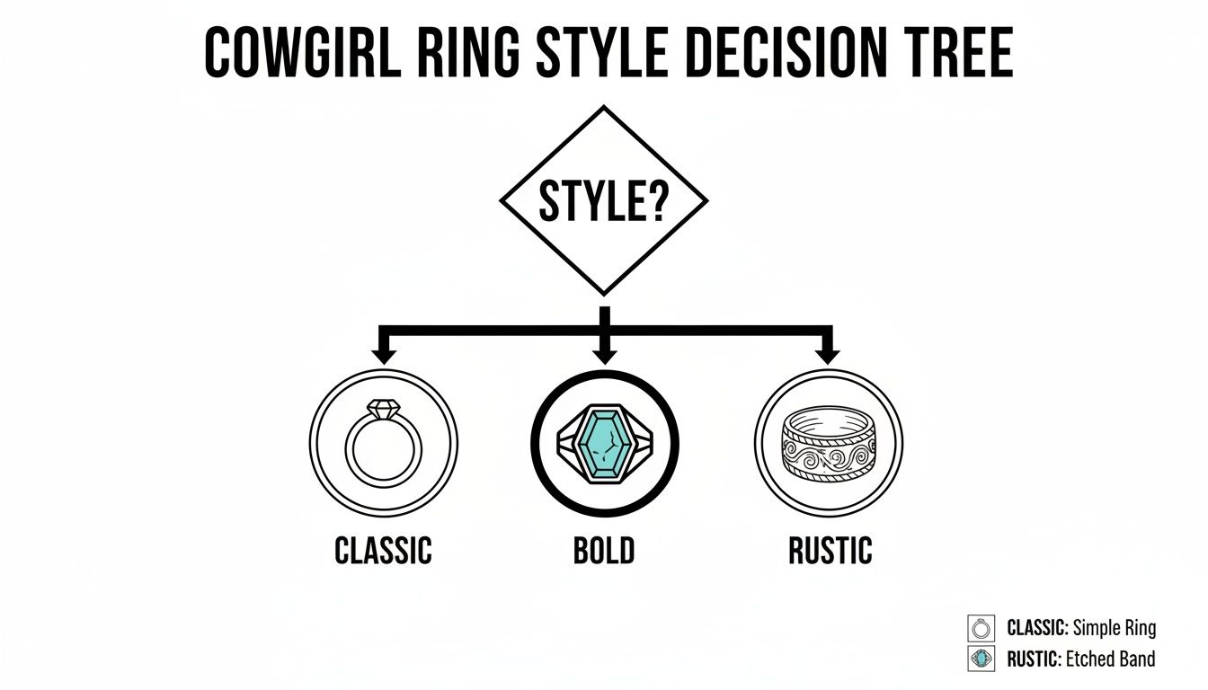 A cowgirl ring style decision tree showing three options: Classic, Bold, and Rustic ring designs.