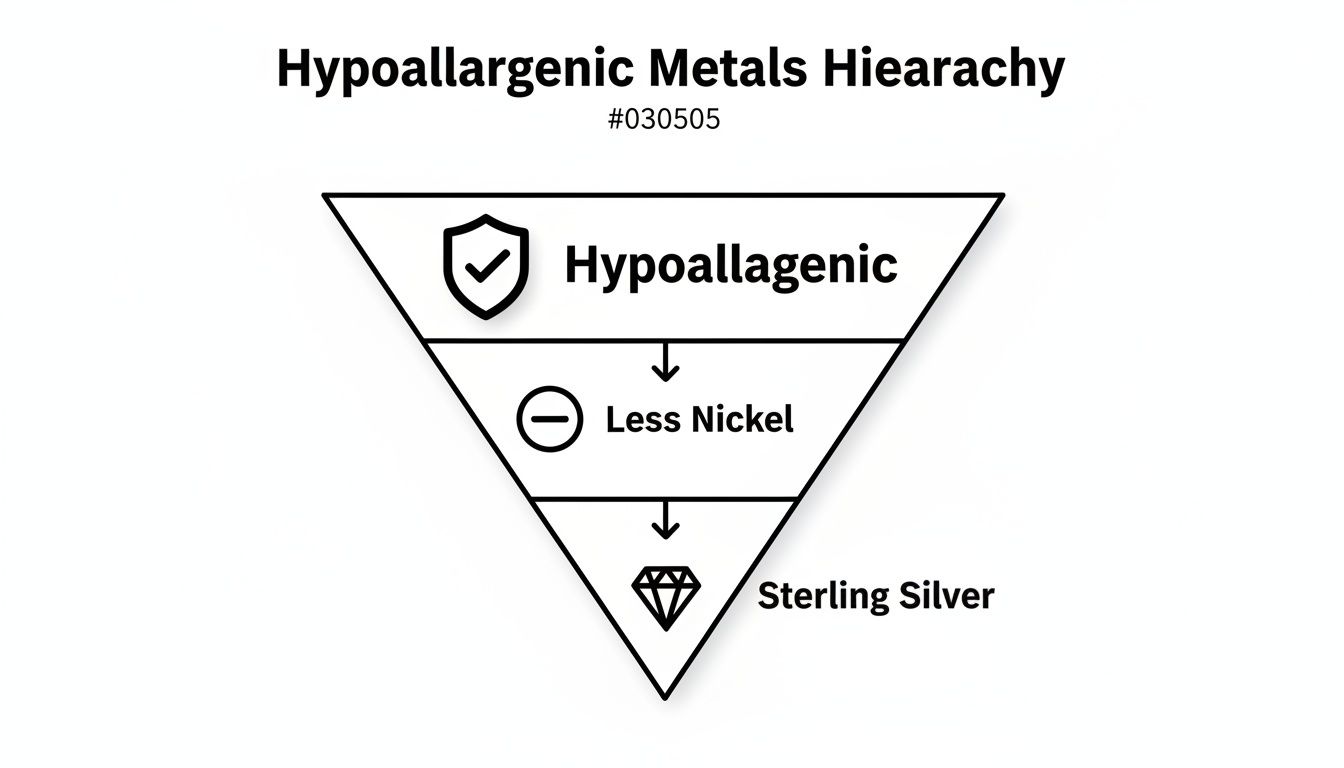 Hierarchy diagram illustrating hypoallergenic metals, from hypoallergenic to less nickel and sterling silver.