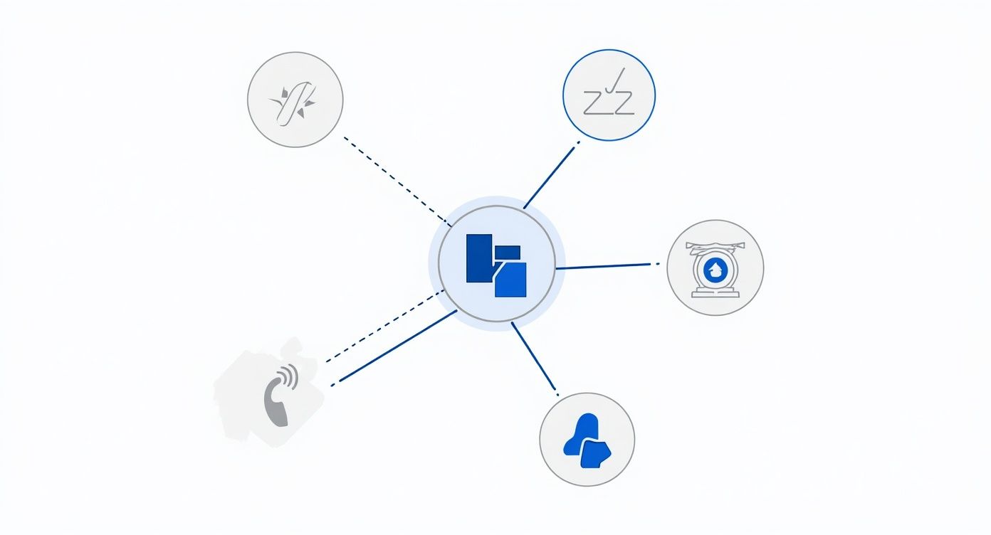 Diagramme montrant une icône centrale connectée à des symboles de sommeil, allergies, communication et personnes.