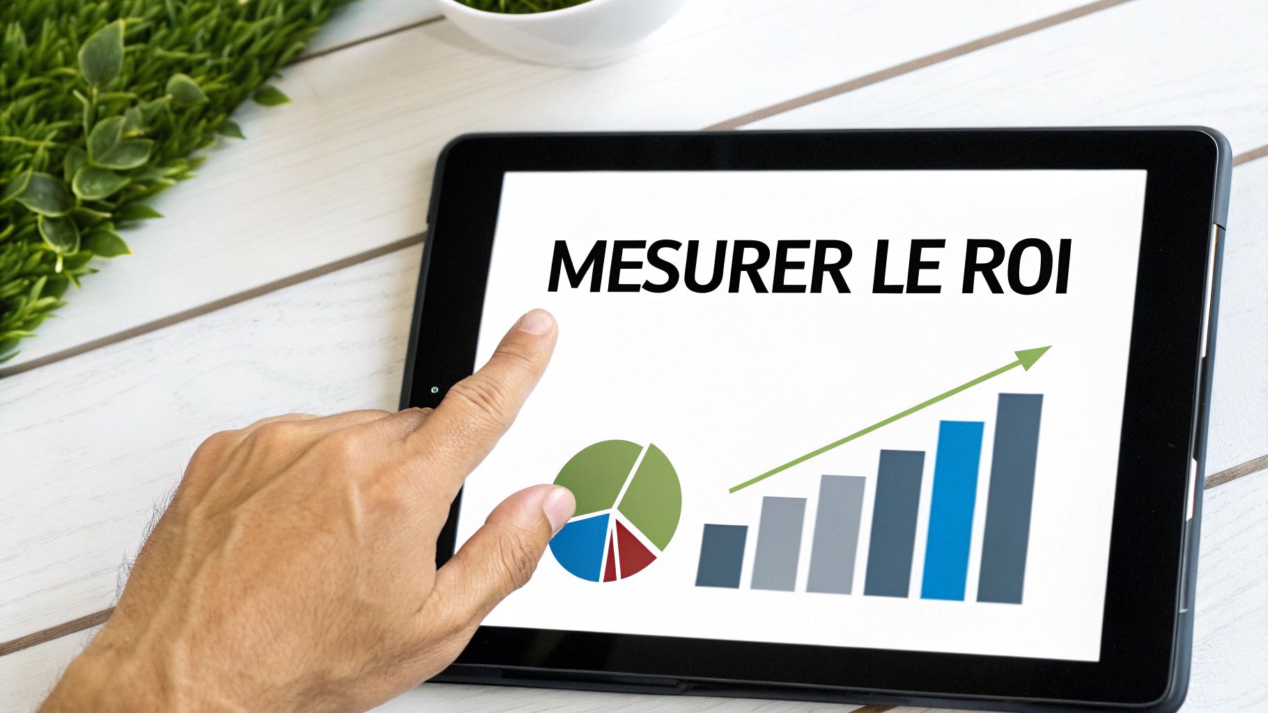 Une personne interagit avec une tablette affichant des graphiques et le texte "MESURER LE ROI".