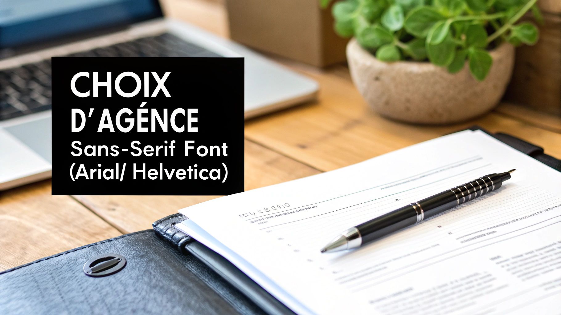 Texte "CHOIX D'AGENCE" sur fond noir, avec un bureau, un ordinateur portable, une plante et des documents.