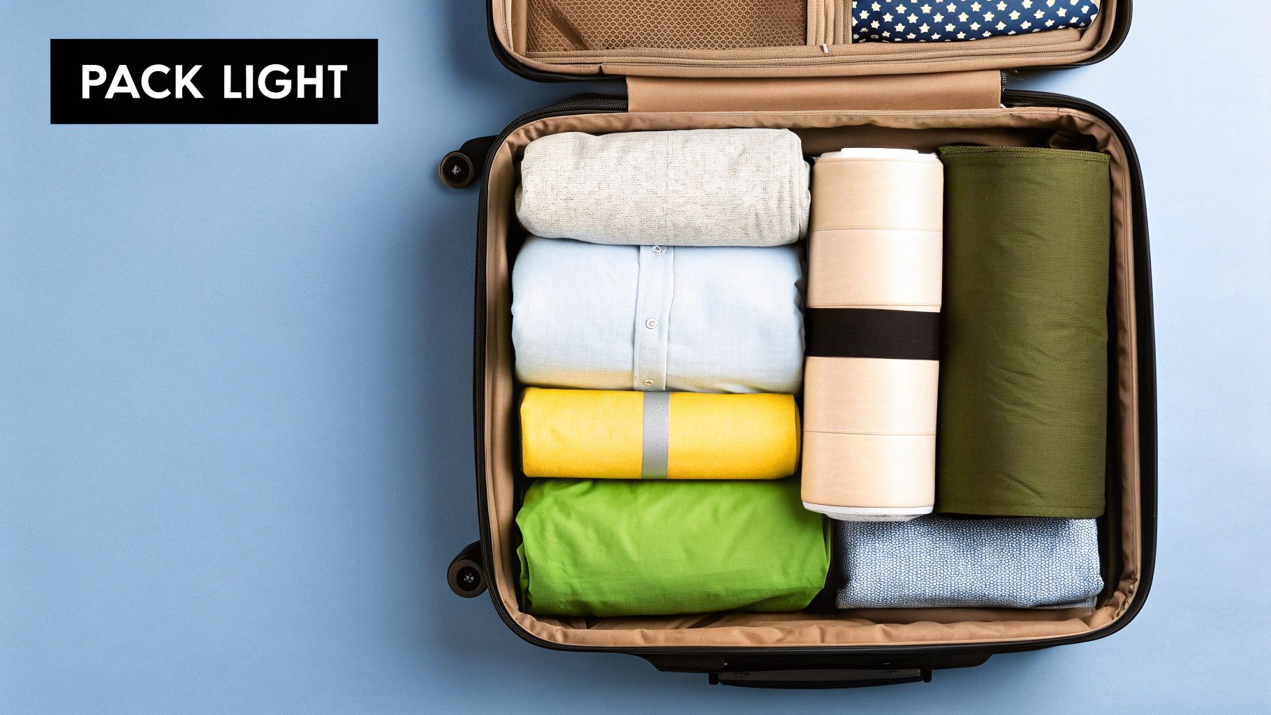 A neatly packed suitcase with organized compartments, showcasing the principles of smart and light packing with items like packing cubes and versatile clothing.