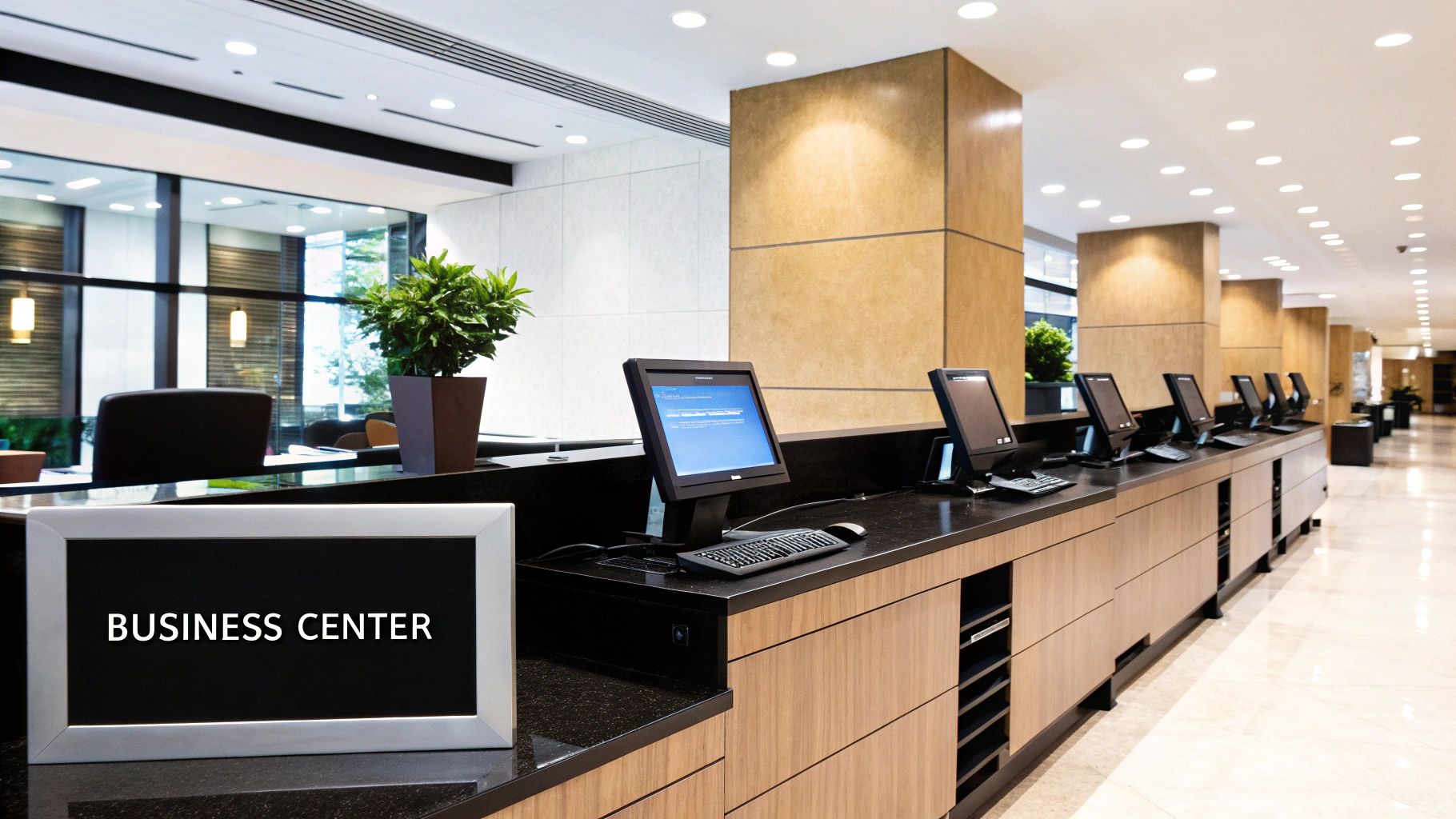A modern and well-equipped hotel business center with computers and comfortable seating