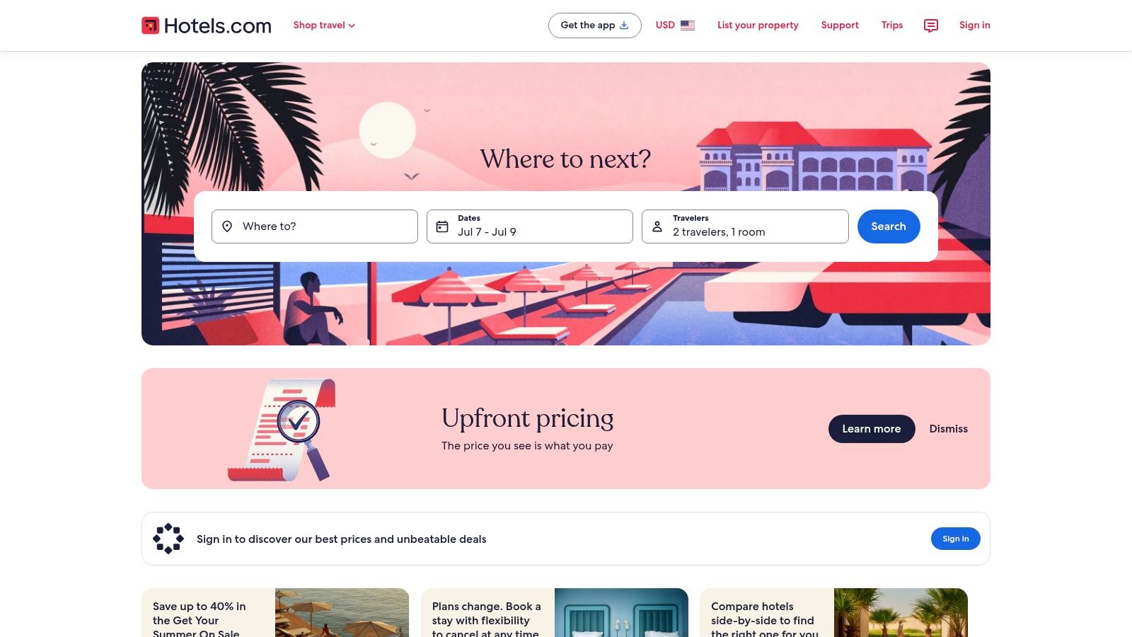 Hotels.com interface showing hotel search results