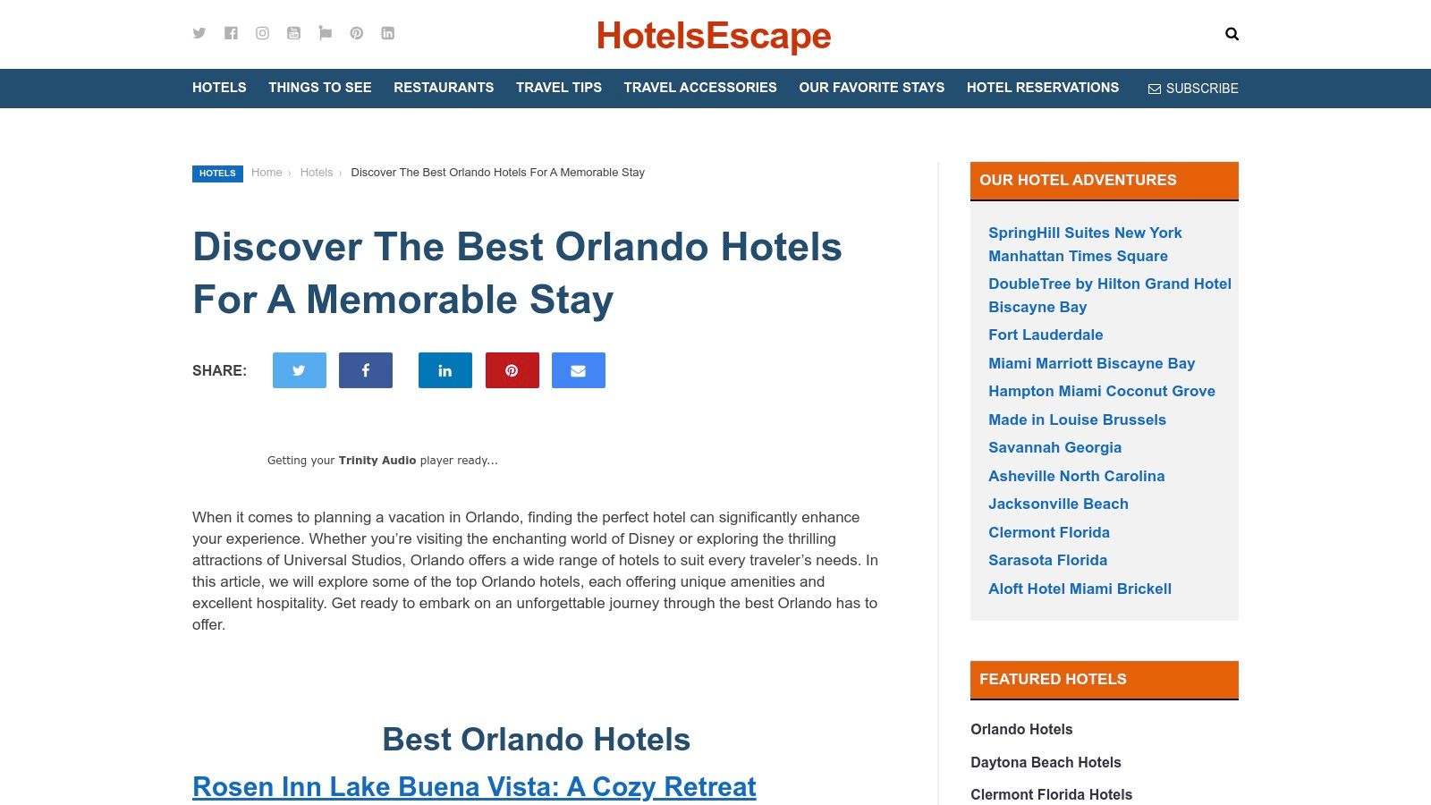 A screenshot of the HotelsEscape website's Orlando Hotels page, showing featured hotels with images and key details like amenities and location.