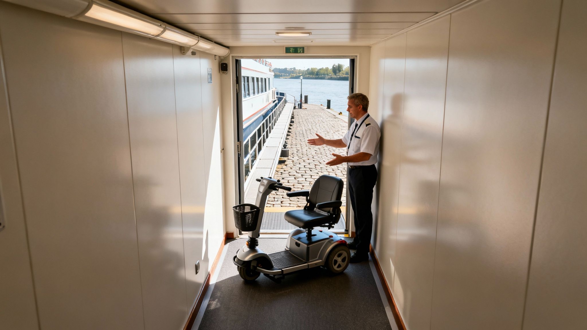 A ship crew member gestures towards a mobility scooter, facilitating embarkation or disembarkation.