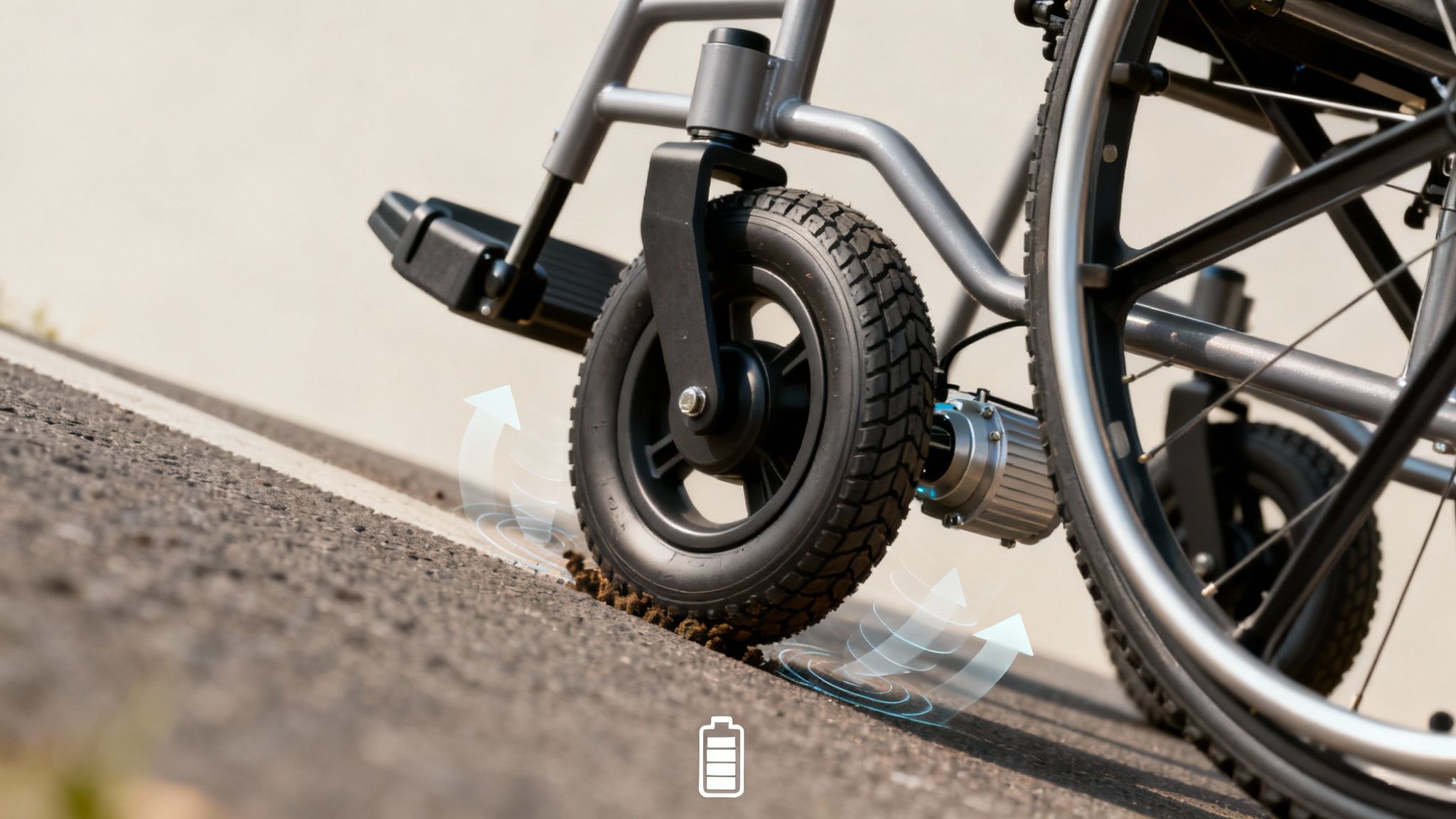 Electric wheelchair motor and wheel climbing uphill showing battery power and mobility capability