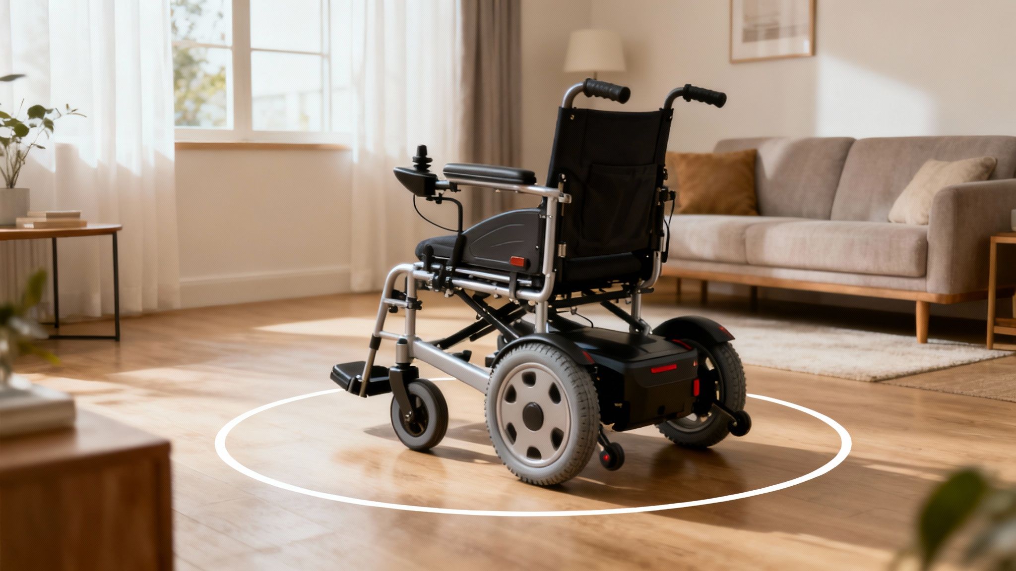 Person navigating a narrow electric wheelchair through a living room with ease