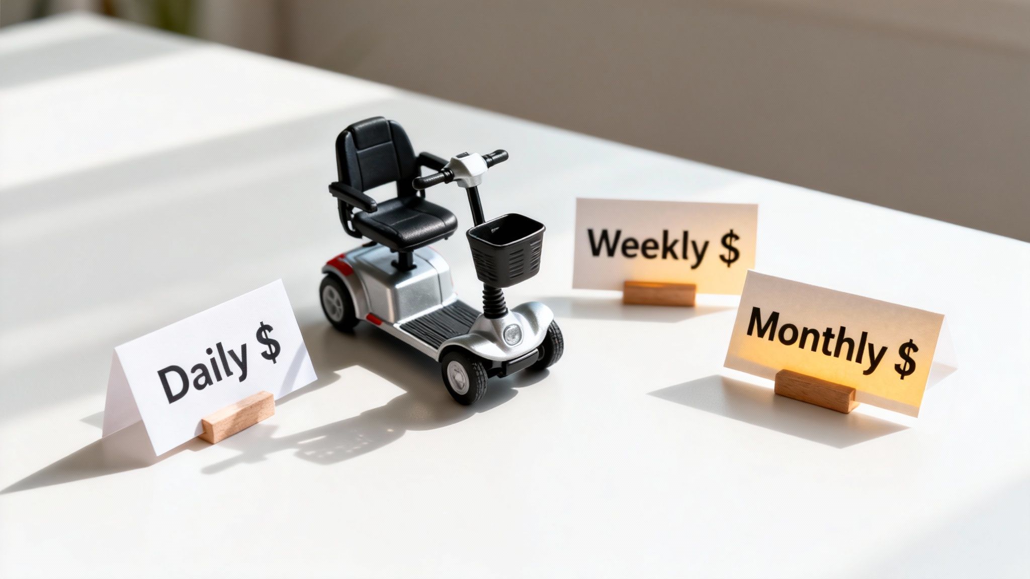 A miniature mobility scooter is surrounded by cards indicating daily, weekly, and monthly rental costs.