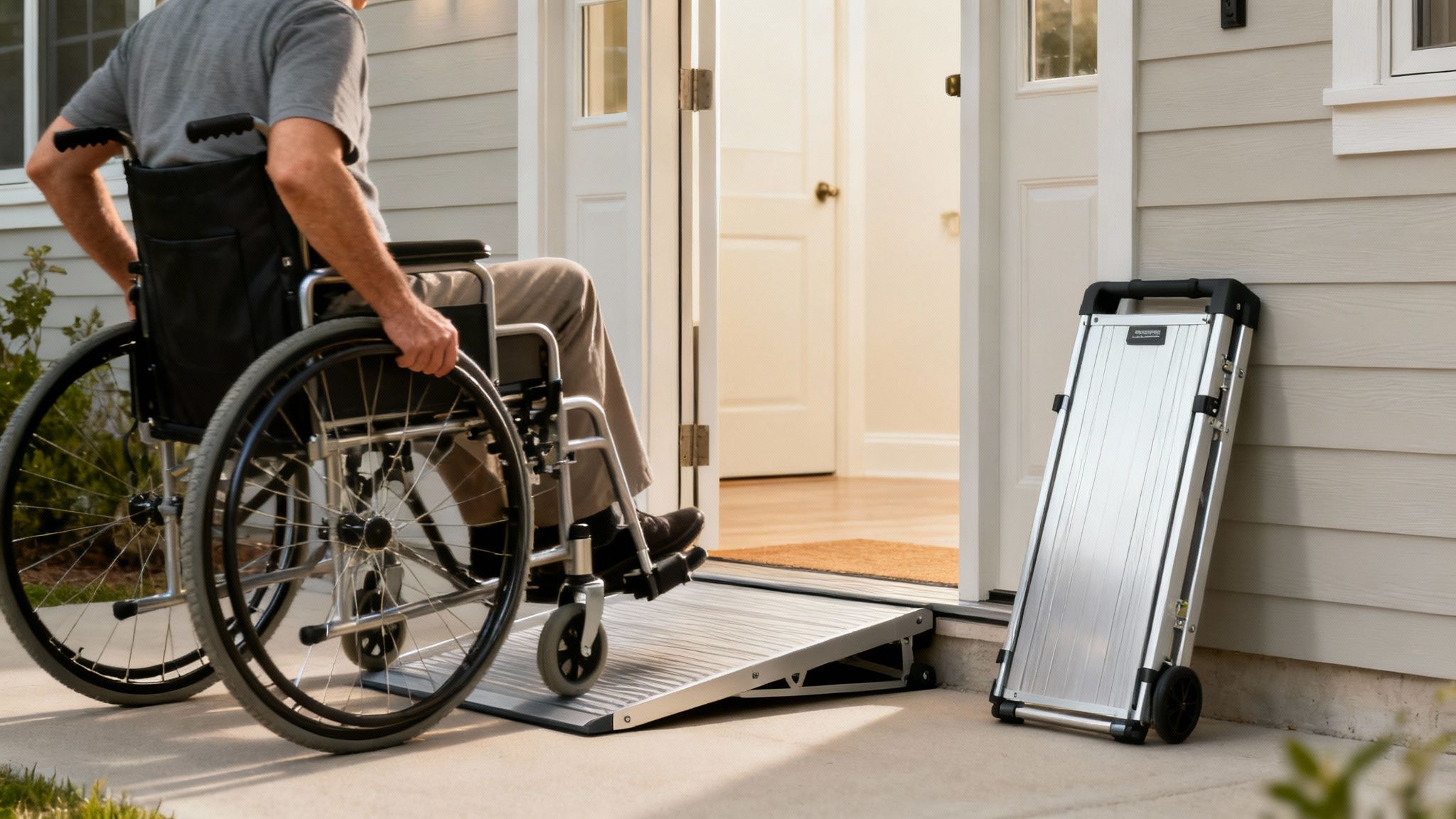 A wooden wheelchair ramp leading up to the front porch of a modern home, surrounded by landscaping.