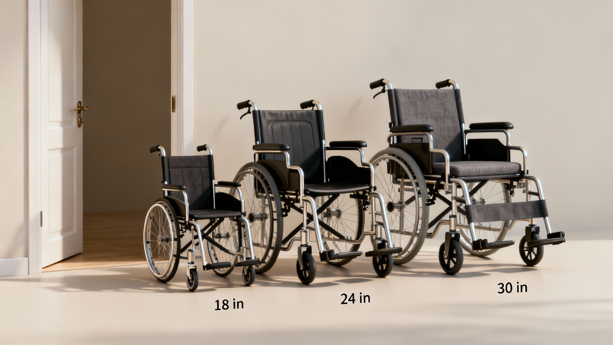 Three wheelchairs of varying widths (18, 24, and 30 inches) are positioned in a room with an open doorway.