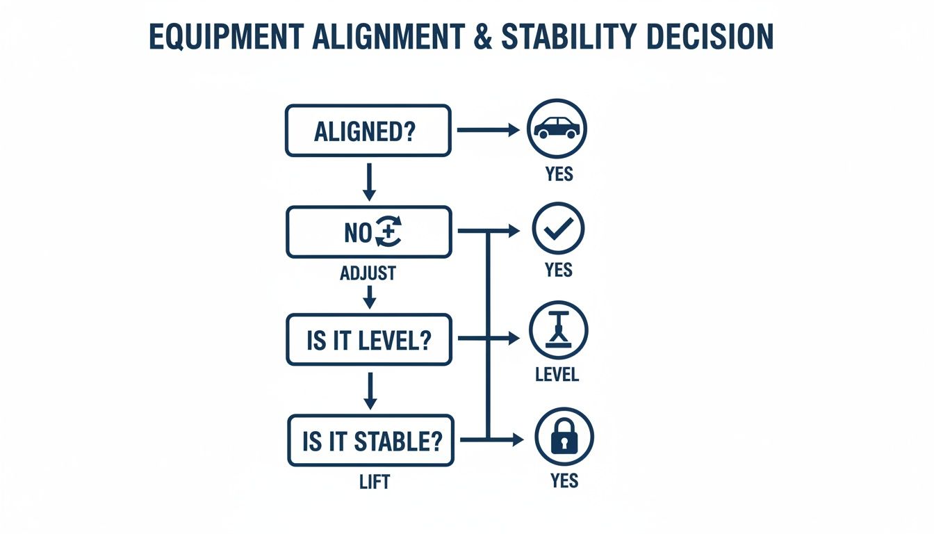 Flowchart detailing equipment alignment and stability decisions, showing steps for adjusting, leveling, and securing.