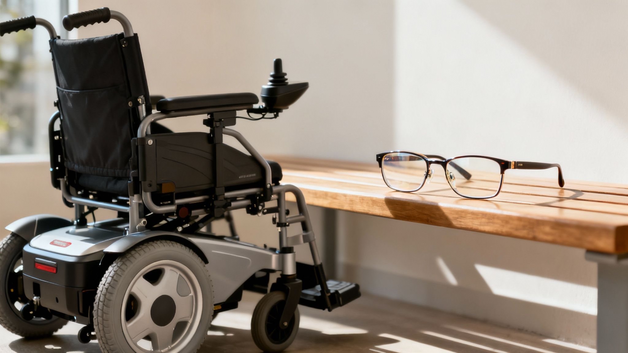 A woman smiles while using her electric wheelchair on a sunny suburban sidewalk.