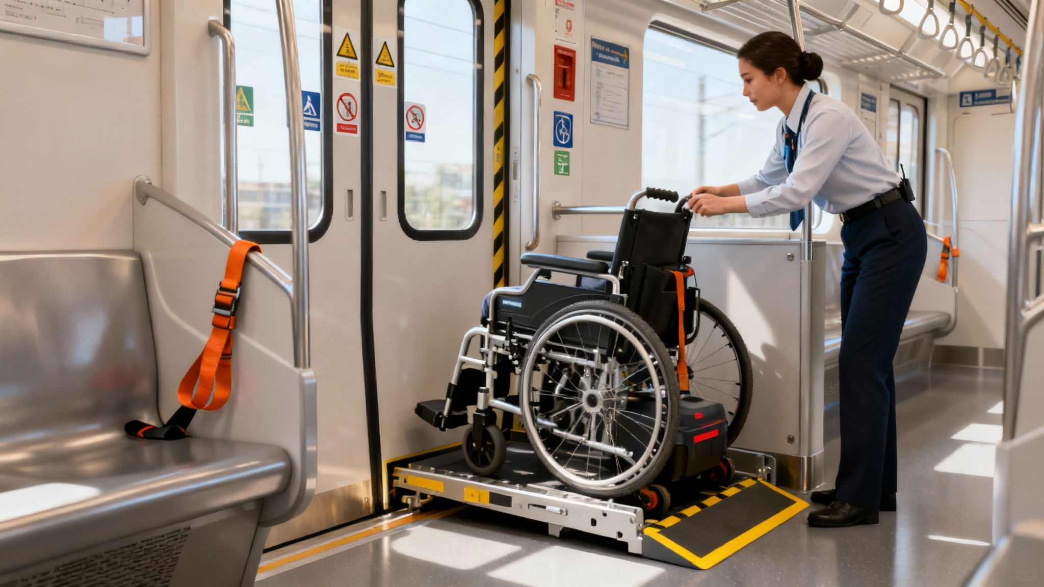 A train attendant carefully positions a wheelchair on an accessibility ramp inside a modern train car.