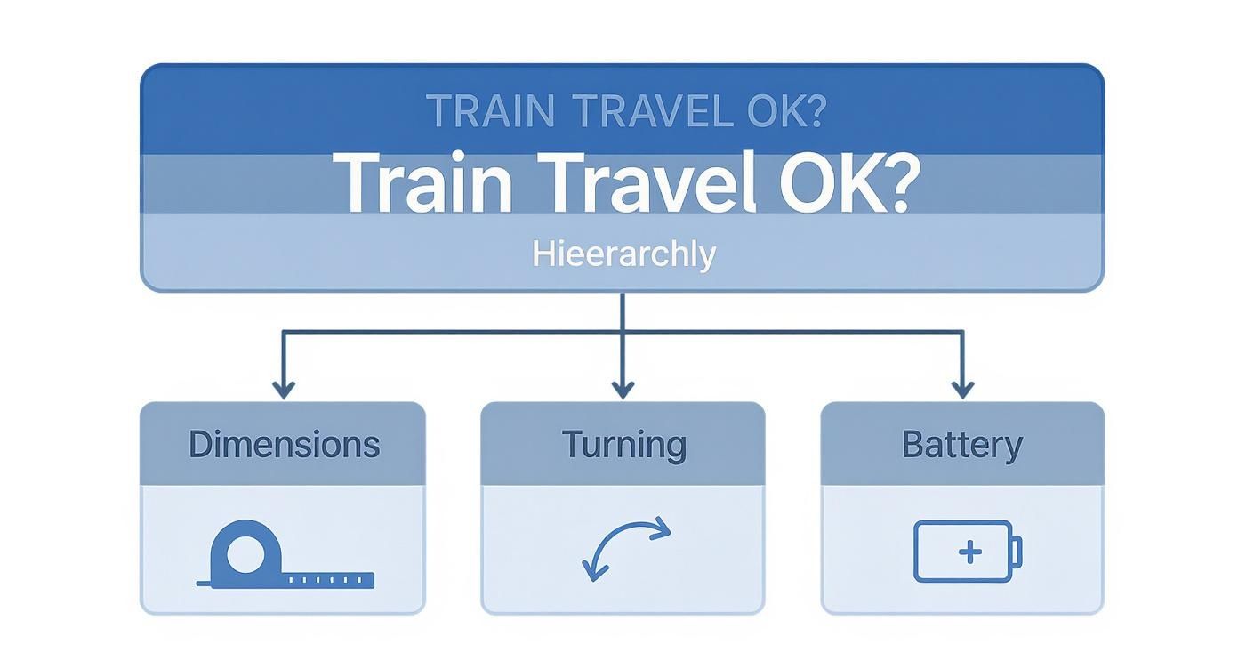 A hierarchy diagram illustrating factors for "Train Travel OK?": Dimensions, Turning, and Battery.