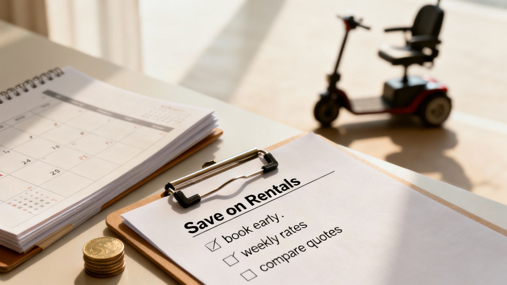 A checklist with 'Save on Rentals' and 'book early' checked, next to a calendar, coins, and a mobility scooter.