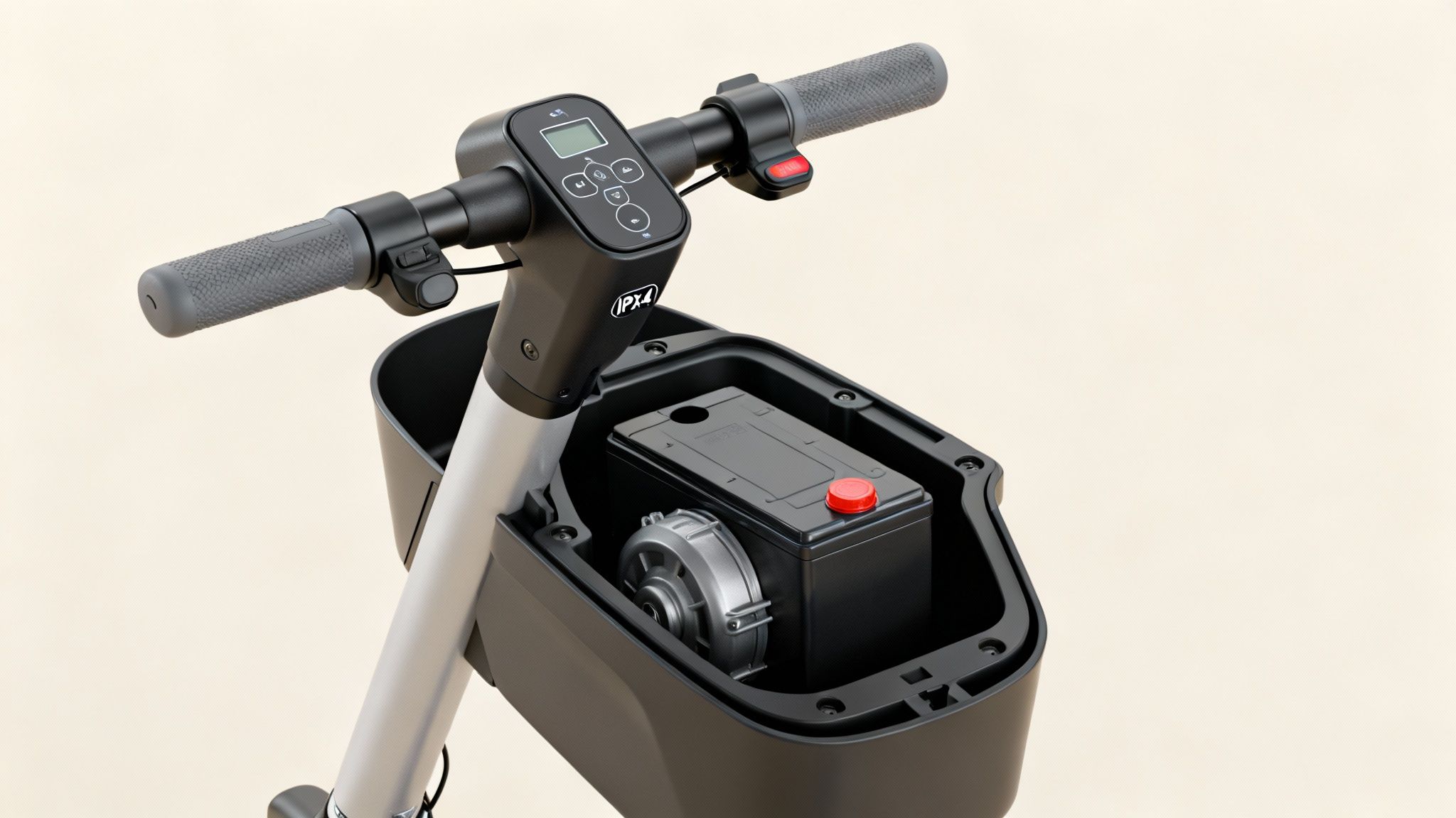 Electric scooter handlebar with digital display and exposed battery compartment showing internal components