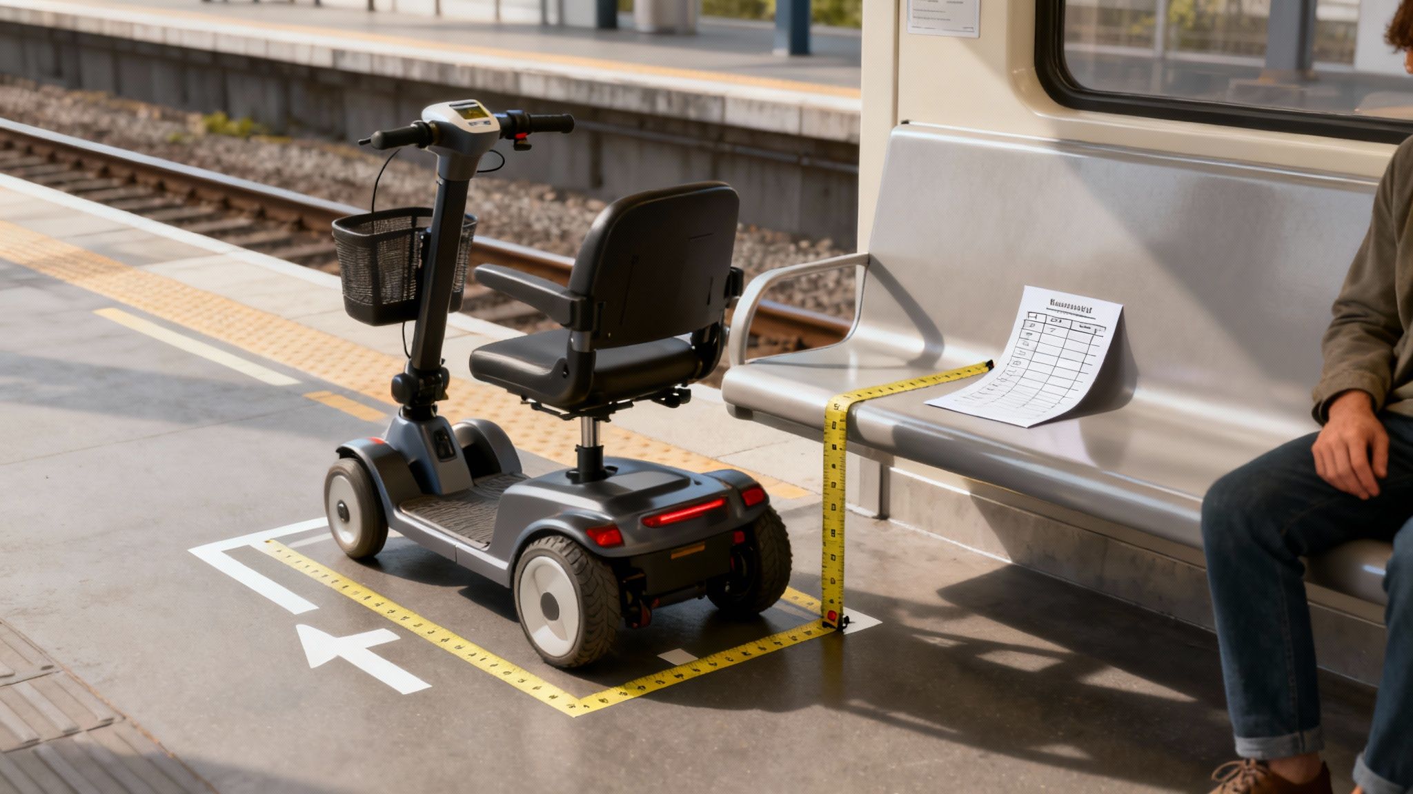 A mobility scooter is positioned on a train platform with measurement markings, next to a train carriage with a seated person.