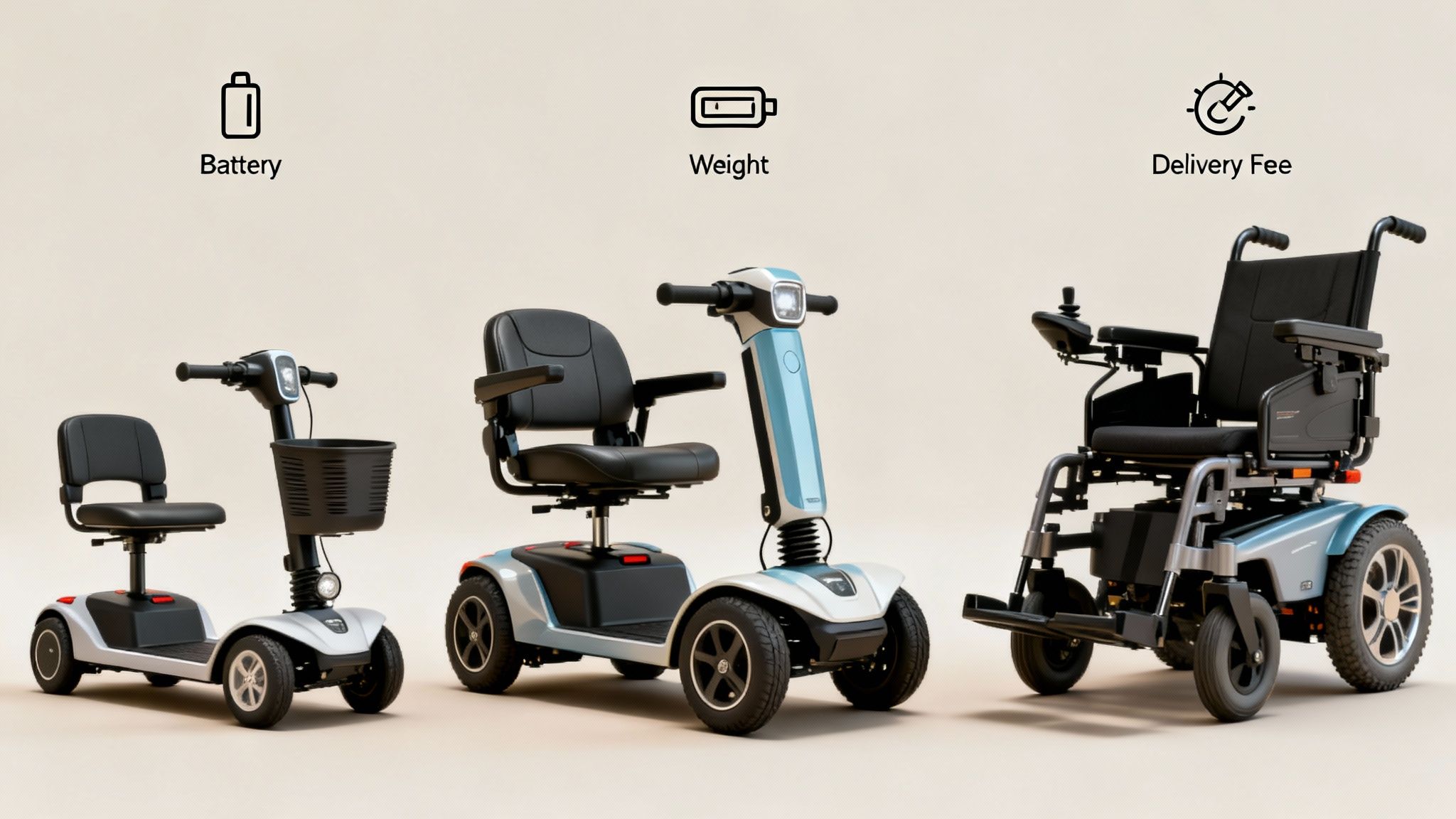 A lineup of three different mobility devices, including scooters and a powered wheelchair, with feature icons.
