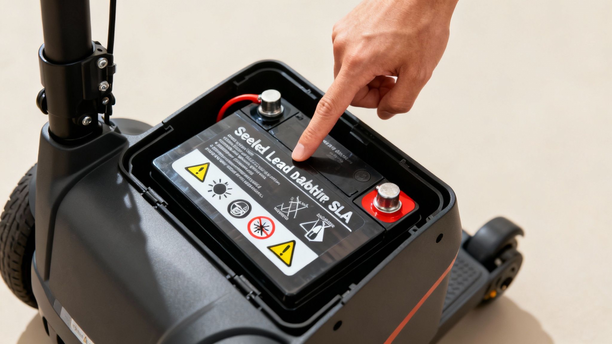 A person's hand points to a Sealed Lead Acid (SLA) battery inside a mobility scooter's open compartment.