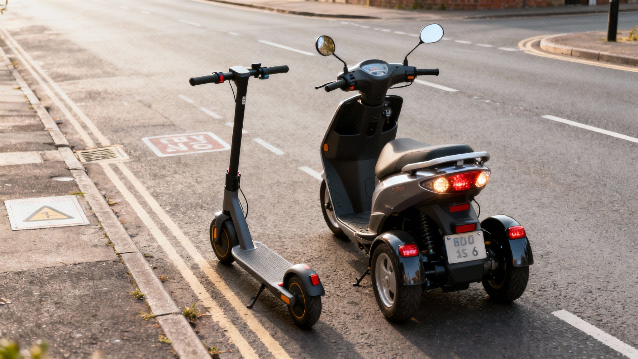 Electric scooter and mobility scooter parked side by side on urban street