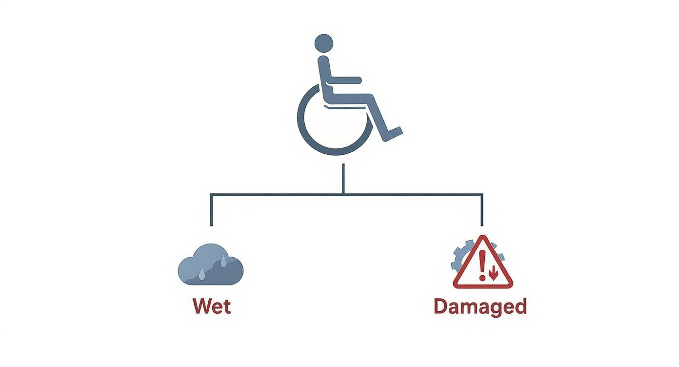 Diagram showing electric wheelchair with two outcomes: wet conditions and damaged equipment warnings